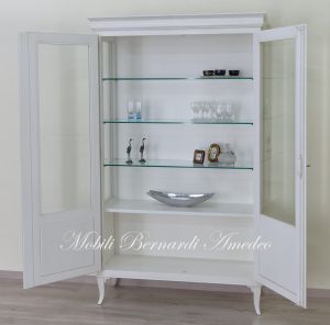 Classic style solid wood display cabinet with glass doors in white finish